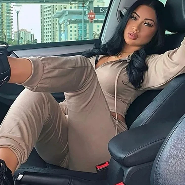 Hot Sale Custom Two Piece Set Tracksuit Women Zip Crop Tops Hoodie Joggers Sweat Suits Velour 2 Piece Sets Sweatsuit Tracksuit