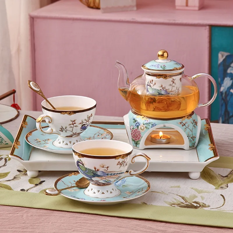 Guochao Flowers Herbs Drinkware Tea Set Glass Pot with Filter Candle Heating Base Bone China Coffee Cup Saucer Spoon