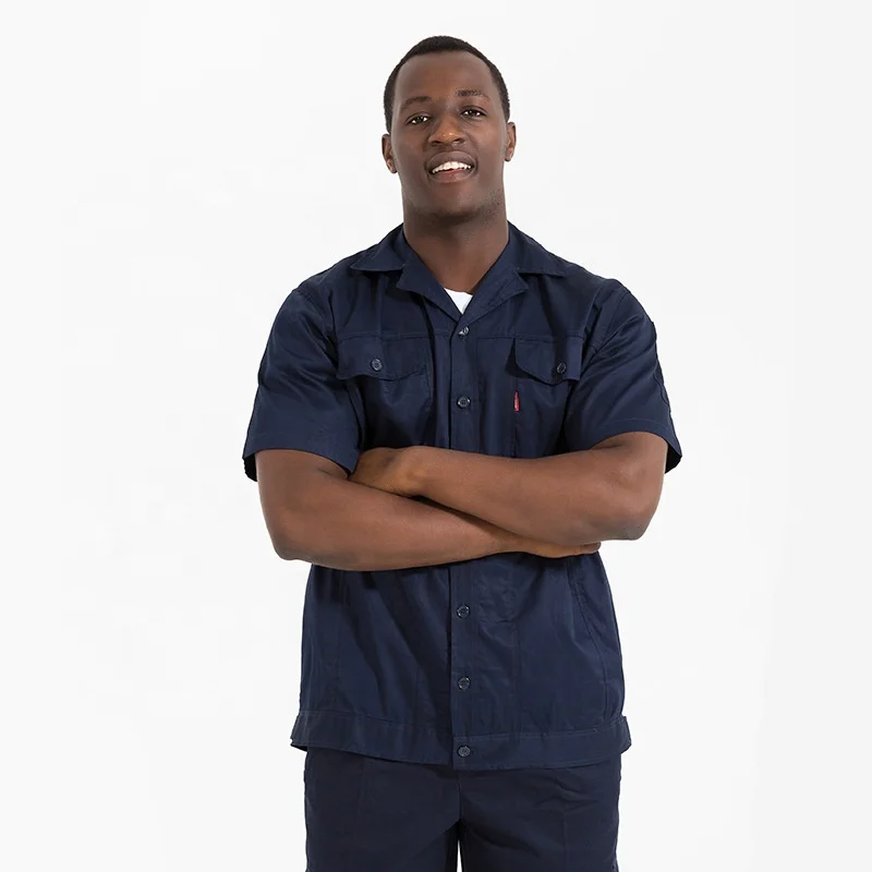 Customized Color Pure Cotton Fine Twill Pattern Short Sleeve Shirt Jacket Long Pants Work Wear Set Safety Guard Overall Outfit