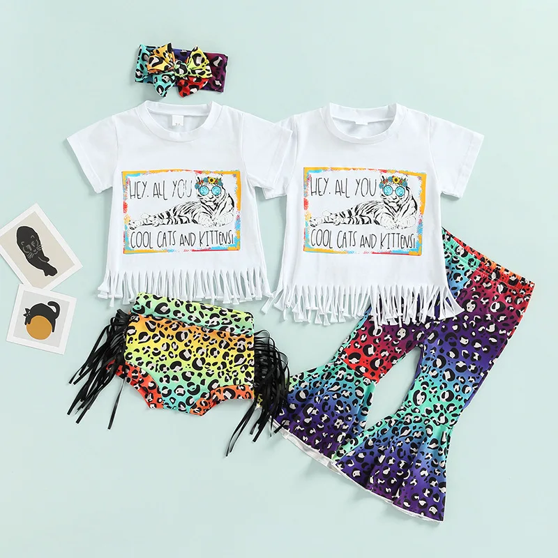 RTS tiger print tassel t-shirt rainbow print bloomers newborn baby clothes cute infant outfit sets