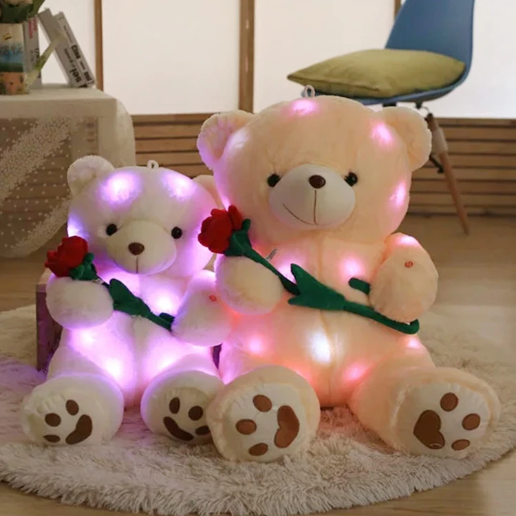 Custom New Creative Multicolor Soft Toys Led Light Glow Holding Rose Teddy Bear Plush Toy With Rose