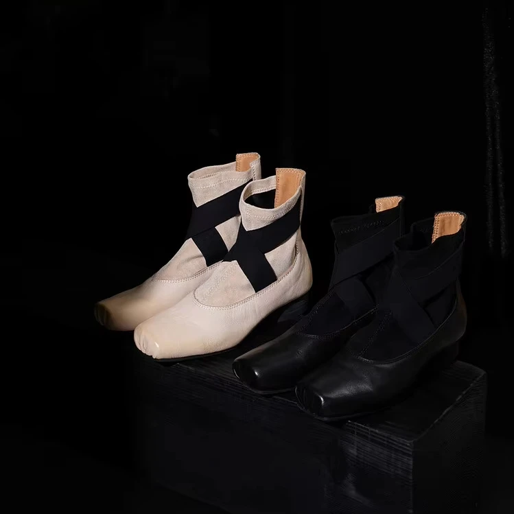 XINZI RAIN Logo Custom Leather Winter Boots Square Toe Ballerina High Quality Calfskin 3cm Heel Women Ballet Boots For Ladies