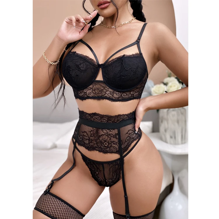 Wholesale 2022 woman lingerie erotic underwear sexy black lingerie set lace