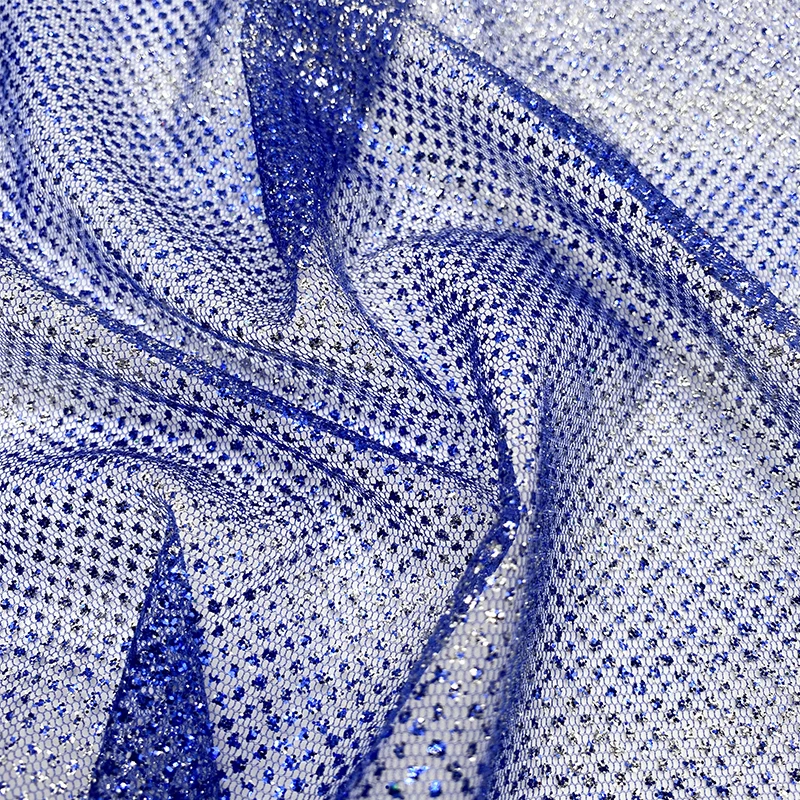 Blue 100% Polyester Net Mesh Fabric With Silver Sequins Powder Super Sparkle Glitter Tulle Fabric For Bridal Dress