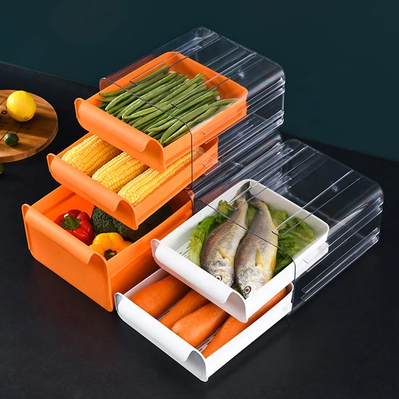 Штабелируемый кухонный органайзер для холодильника, контейнер для хранения пищевых продуктов, прозрачный контейнер для хранения пищевых продуктов, корзина со сливным лотком