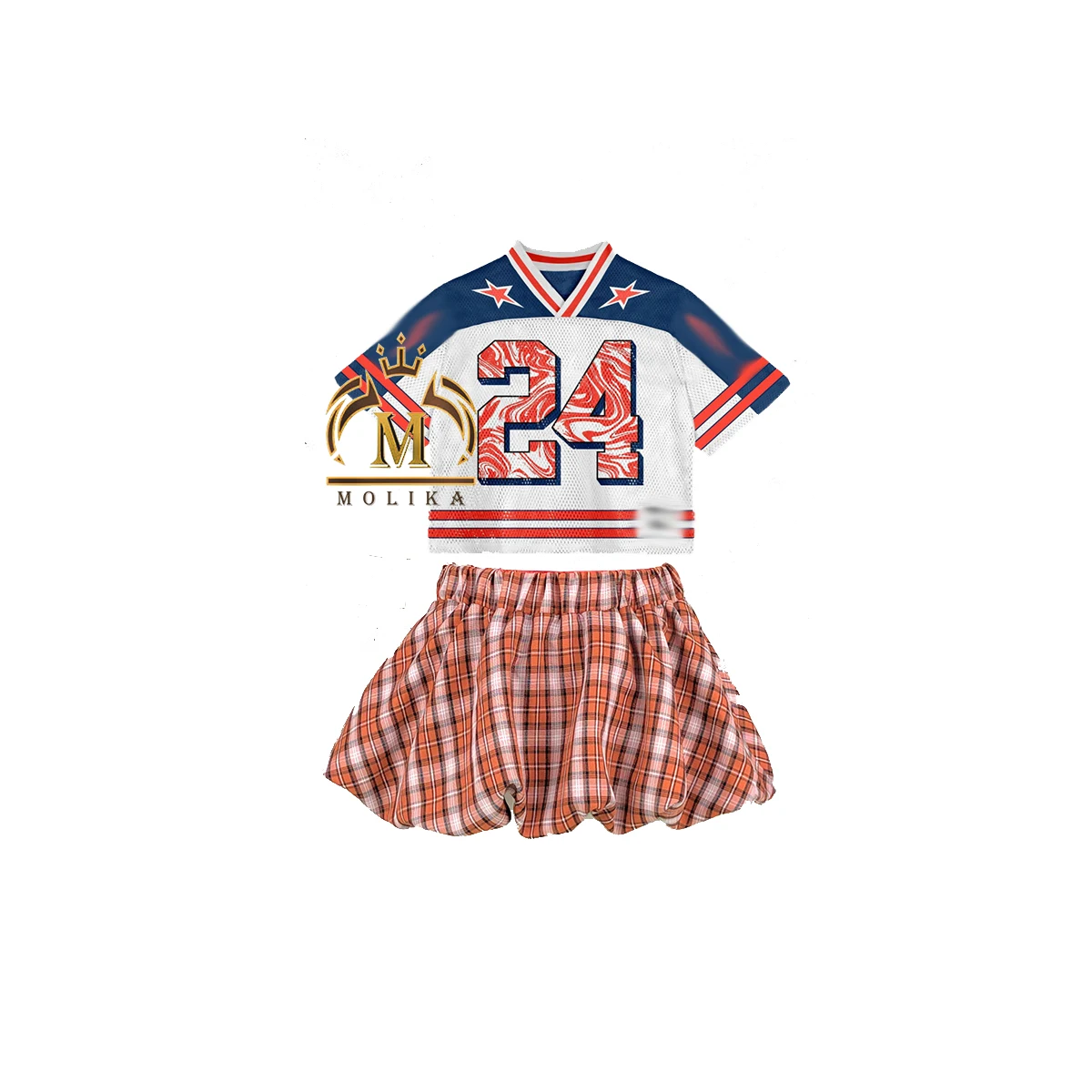 Spring Summer  Women Cute Outfits Print Mesh Jersey Shirt Mini Skirt 2 Piece Sets Girls Y2K Casual Two Piece Clothing Set Women