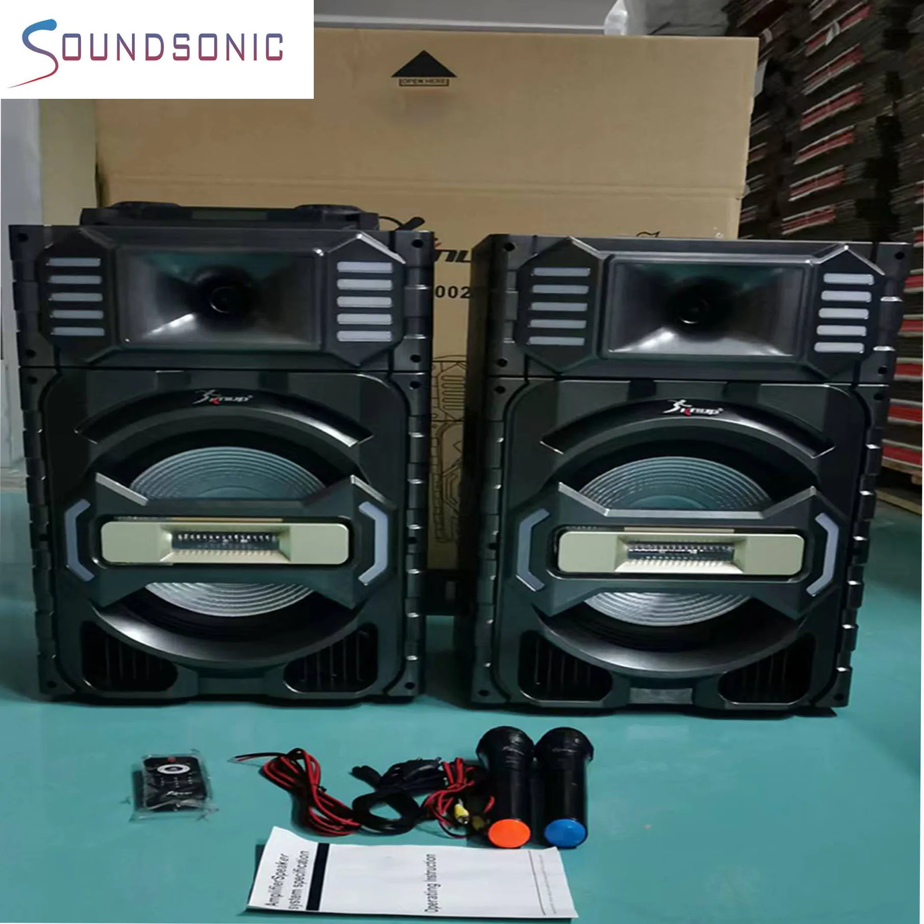 Hot sale big power 100W*2 stage speaker double 12 inch with  5 EQ active speaker with lamp ball