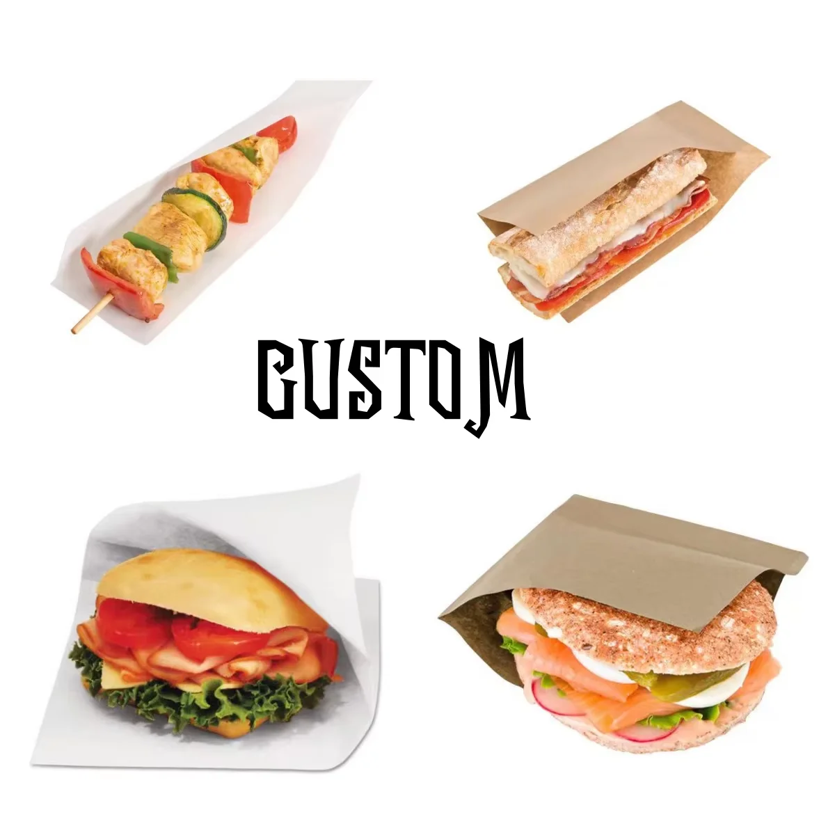 Custom Printed Double Open Pocket Oilproof GreaseProof Bread Waffle Burger Sandwich Donuts L-shape Triangle Shaped Paper Bag