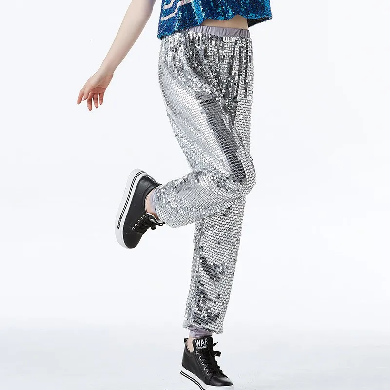 ALICEROMA  Sequin Hip Hop Pants Dance Pants Women Men Club Sequin Pants Jazz Stage Costume Hip Hop  Modern Dance Costume L