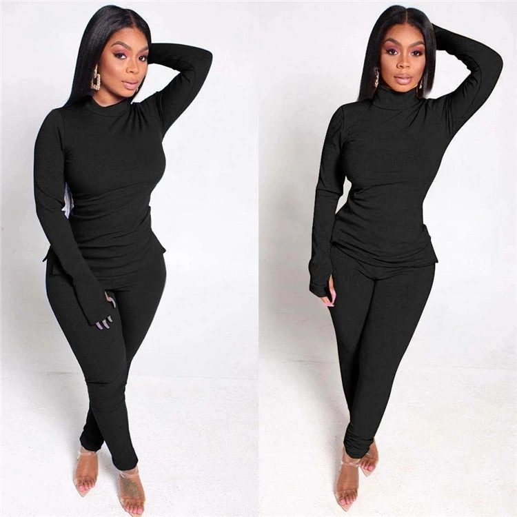 
Hot sale Sexy Skinny Long Sleeve solid color Bodycon Clothing Pant Women Two Piece pants Outfits Set 