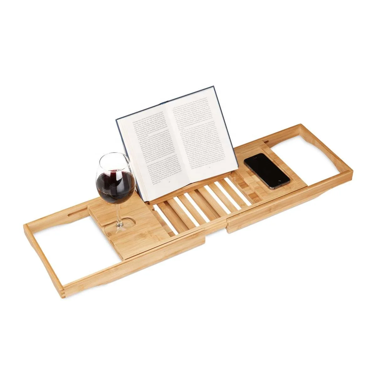 Luxury Eco-Friendly Bamboo Bathtub Caddy Tray Expandable Wooden Bath Tub Shelf Boxed Bathroom Accessory