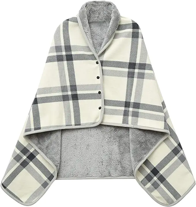 Flannel Wearable Blanket with Pockets, Cozy Soft Plaid Throws Blanket for Lap Bed Sofa Office Airplane Travel