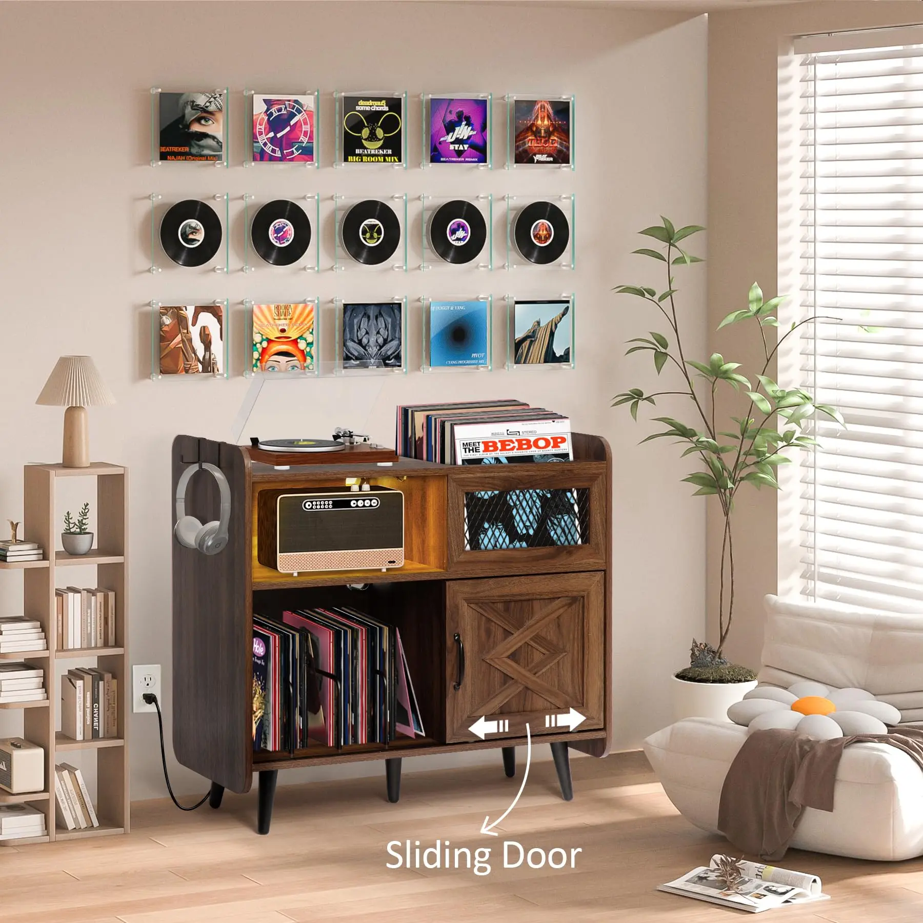 Record Player Stand with Vinyl Storage 350 Albums Large Turntable Stand with Sliding Door