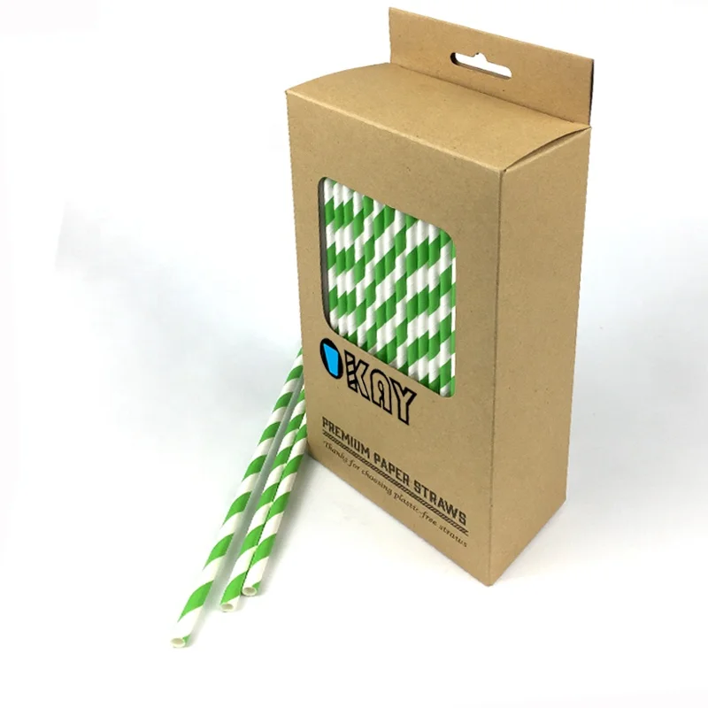 200 Pack Biodegradable Green and White Striped Paper Straws