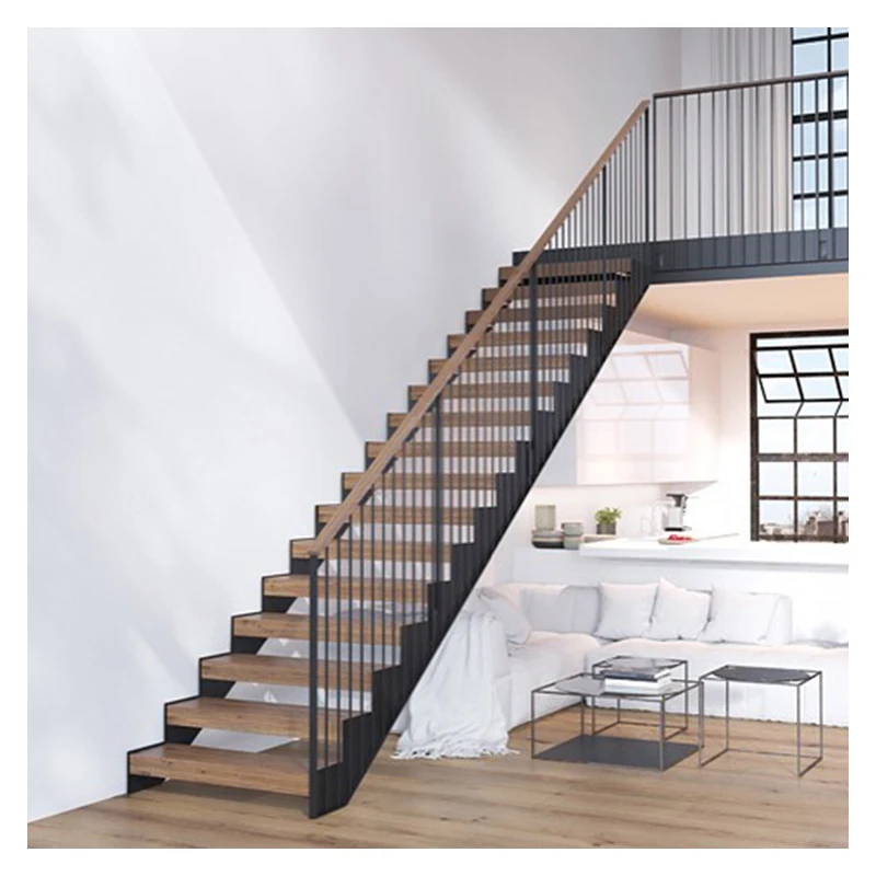 Alucasa Solid Wood Step Straight Staircase With Stainless Steel Cable Railing For Villa