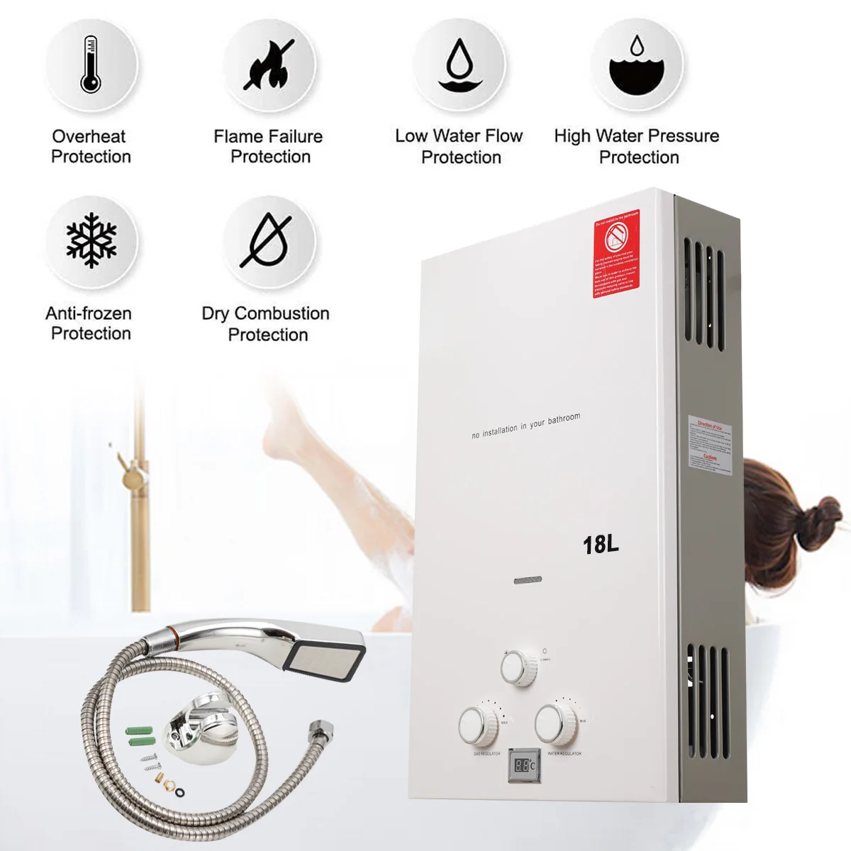 18L stainless steel LPG portable instant high energy efficient smart tankless hot gas geyser hot water instant heater