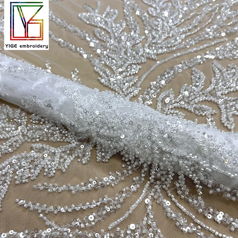 Top quality luxury heavy beaded white tulle Lace With Sequins wedding embroidery Beads bridal lace dress fabric