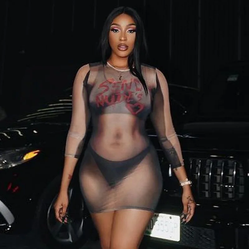 Peeqi K23D41793 fashion 2024 spring long sleeve figure print crew neck dress skinny sexy mini package hip dress for women lady