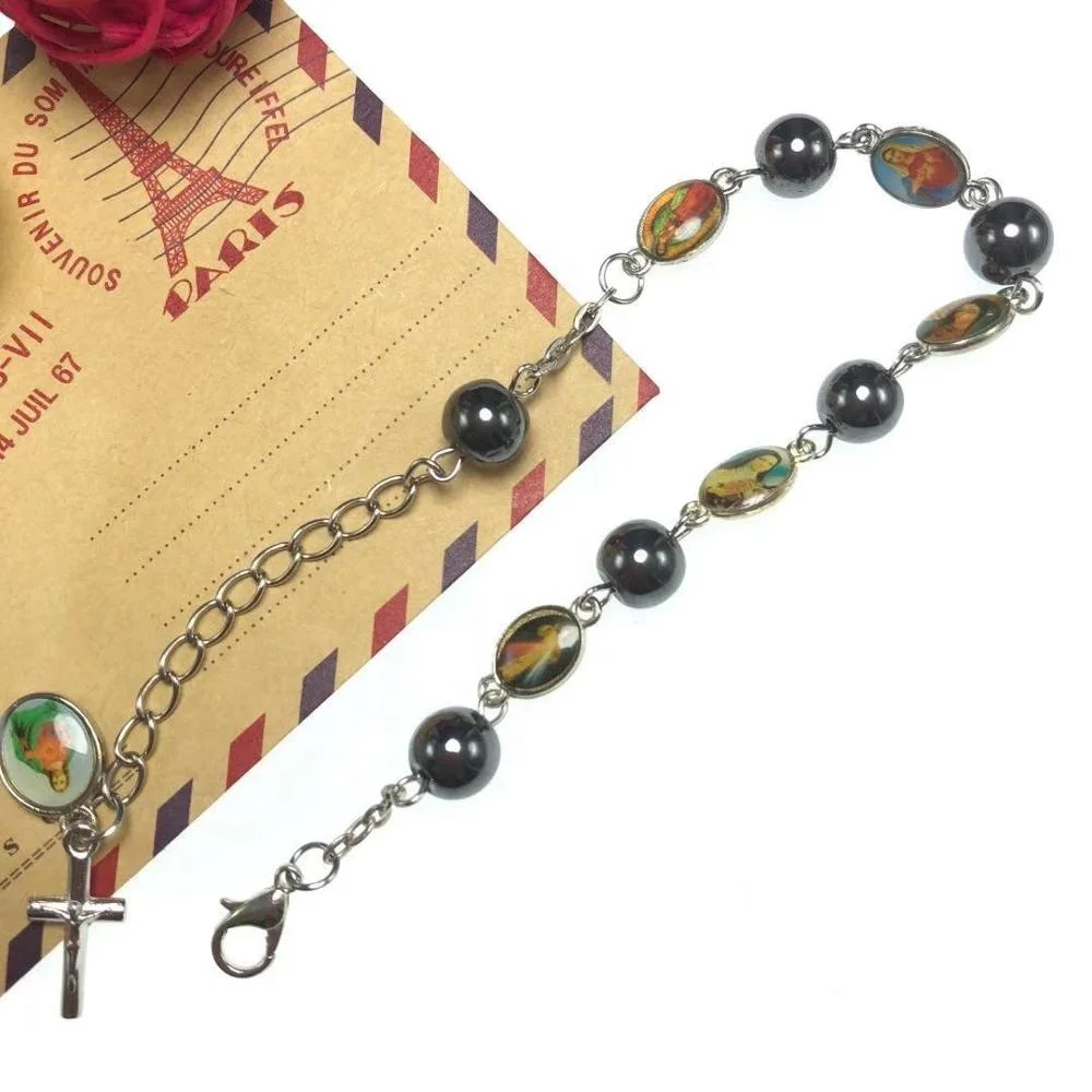 exquisite zinc alloy metal beads religious oval connector hematite bead rosary bracelet catholic icon bracelets