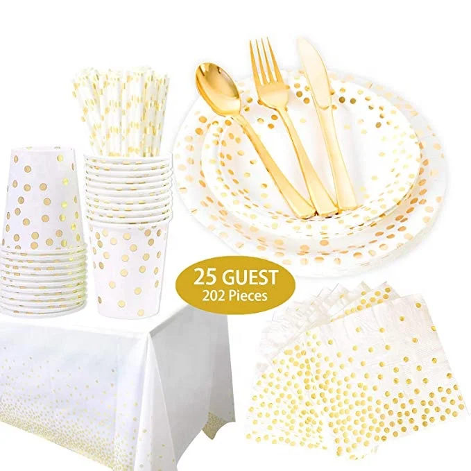 202 шт Золотой одноразовая посуда набор для вечеринок по случаю Дня рождения спортивные шаровары в Золотой горошек, столовые приборы