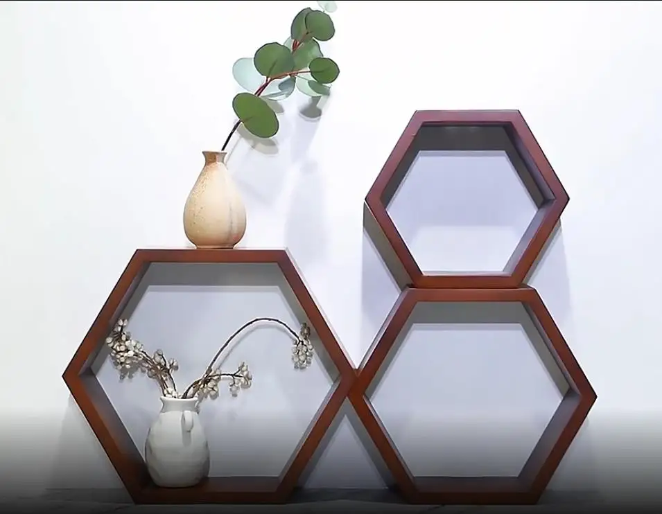 3PCS set  unique  Hexagonal  shape Decorative  Hanging Wall Mounted wooden storage shelf