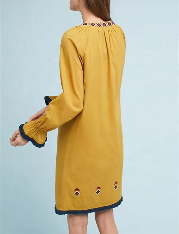 Стильная туника женское платье желтое с вышивкой длинным рукавом женские свободные платья горячая Распродажа одежда повседневные миди Stb-0701 Мексика