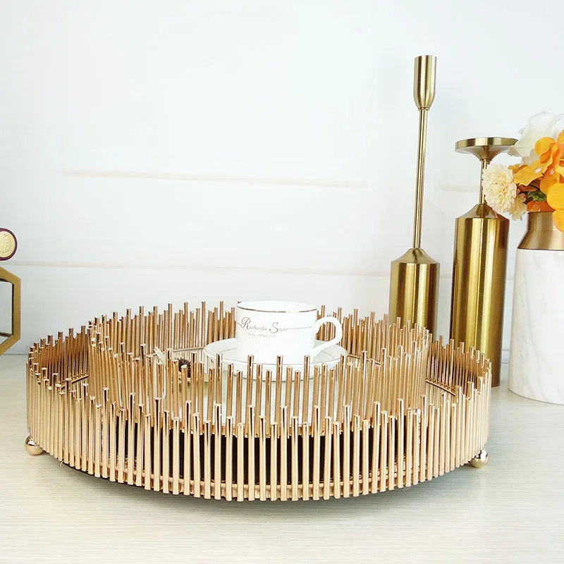 Nordic modern light luxury geometric metal ring oval mirror tray golden model room living room storage basin decoration (1600281793388)