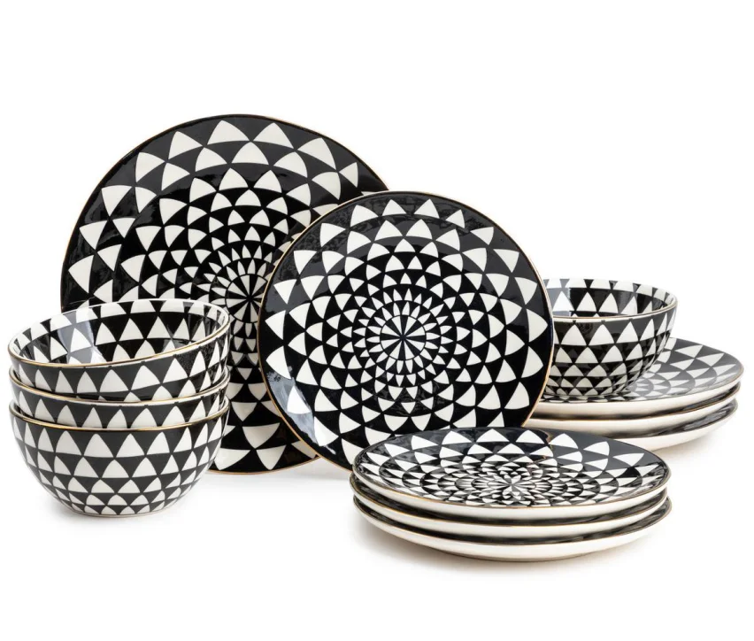  Wholesale restaurant used white and black pattern geometric gold rim charger plate full modern nordic ceramic dinner