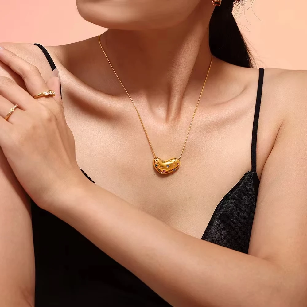 INS Purple CZ Stone Pearl Heart Pendant Stainless Steel Gold Plated Necklace For Women Fashion Jewelry Wholesale