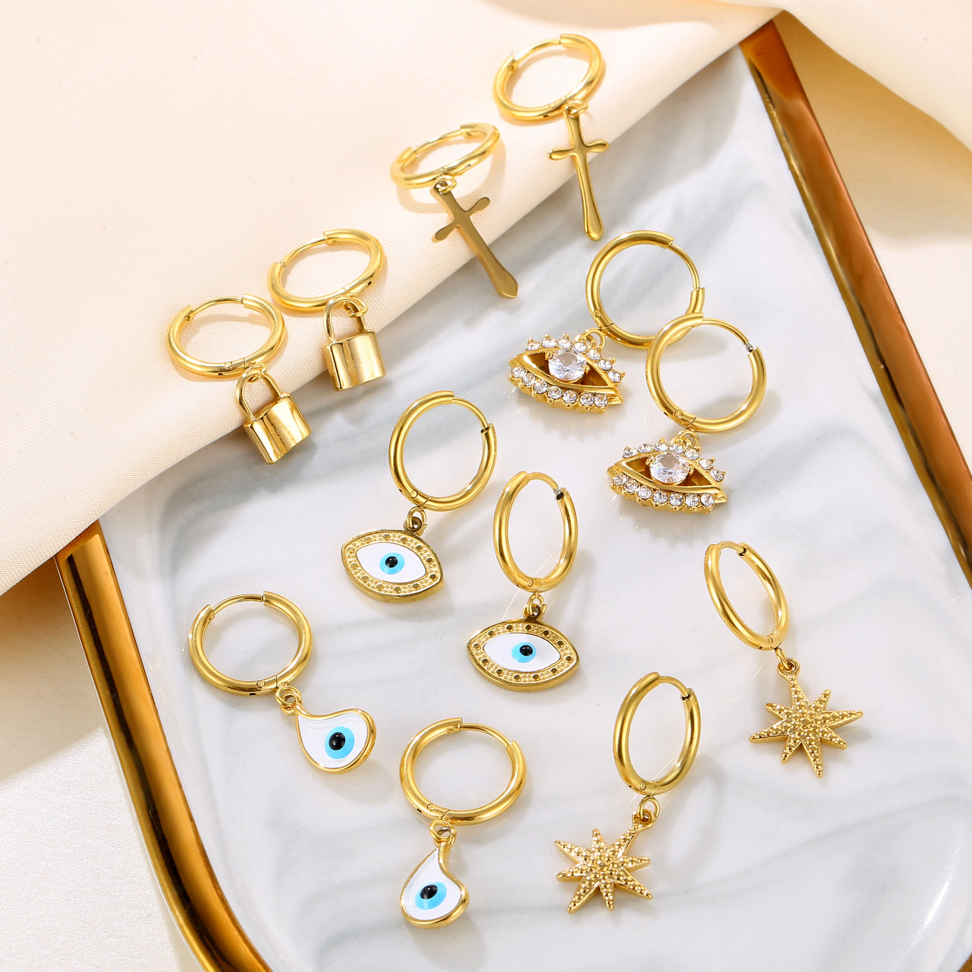 Stainless Steel Fine Jewelry Latest Design Luxury North Star Gold Hoop Earrings, Indian Cz Evil Eye Drop Earrings For Wedding