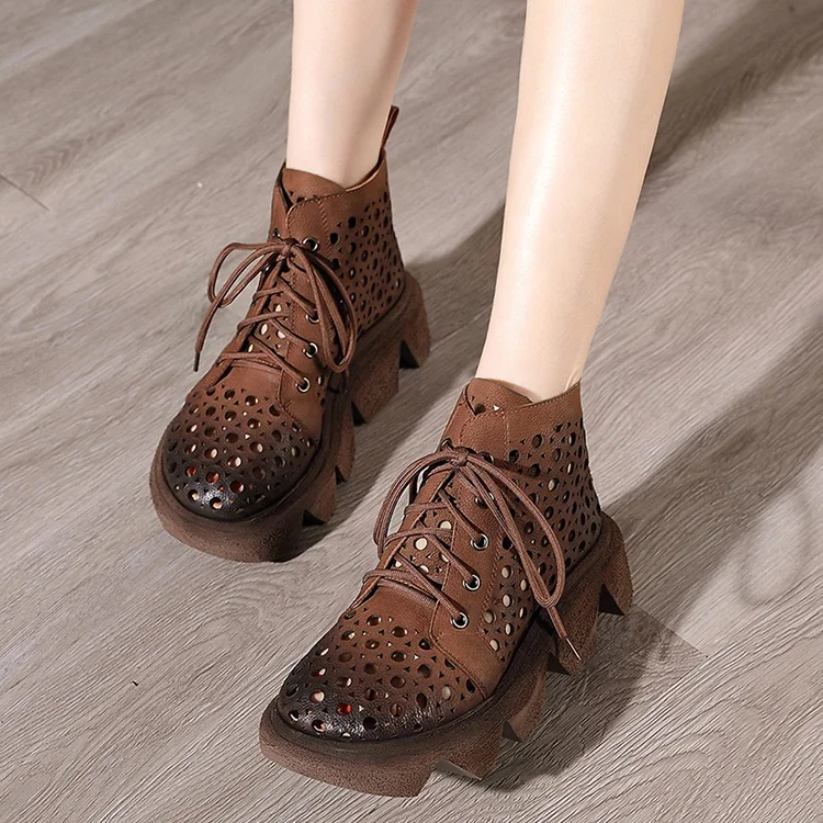 Handmade casual leather retro lace up women shoes 2020 spring and summer new thick bottom slope with ethnic wind hollow sandals