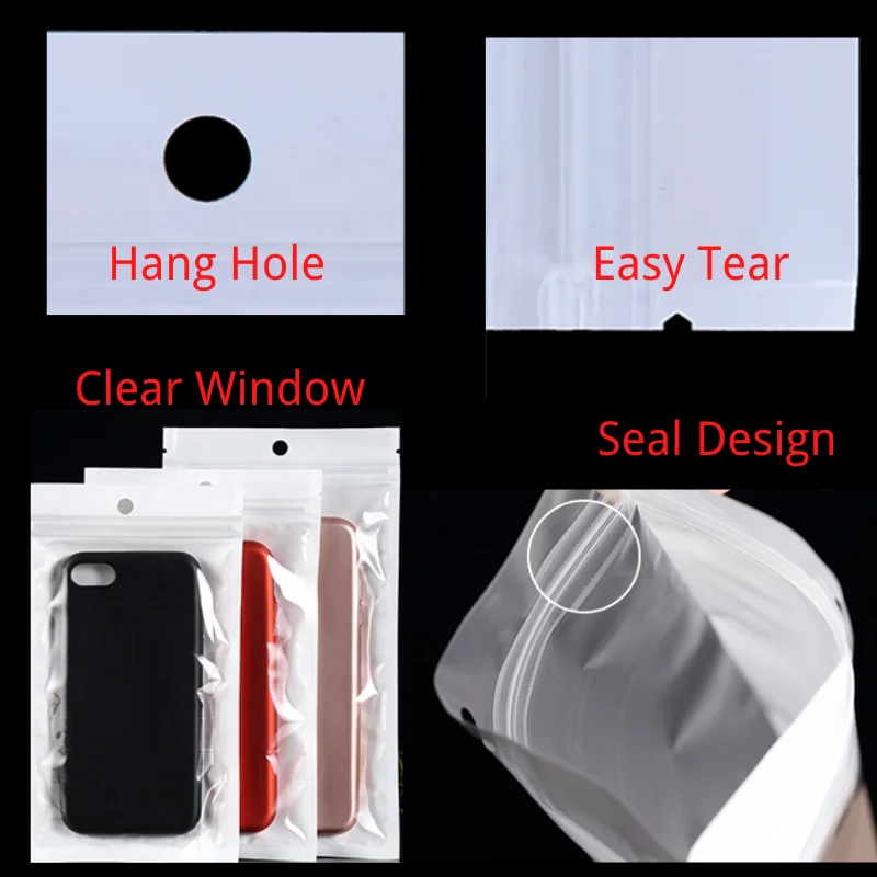 White Transparent Pearl Resealable Zip Lock Flat Mylar Plastic Packaging Zipper Bag With Hang Hole