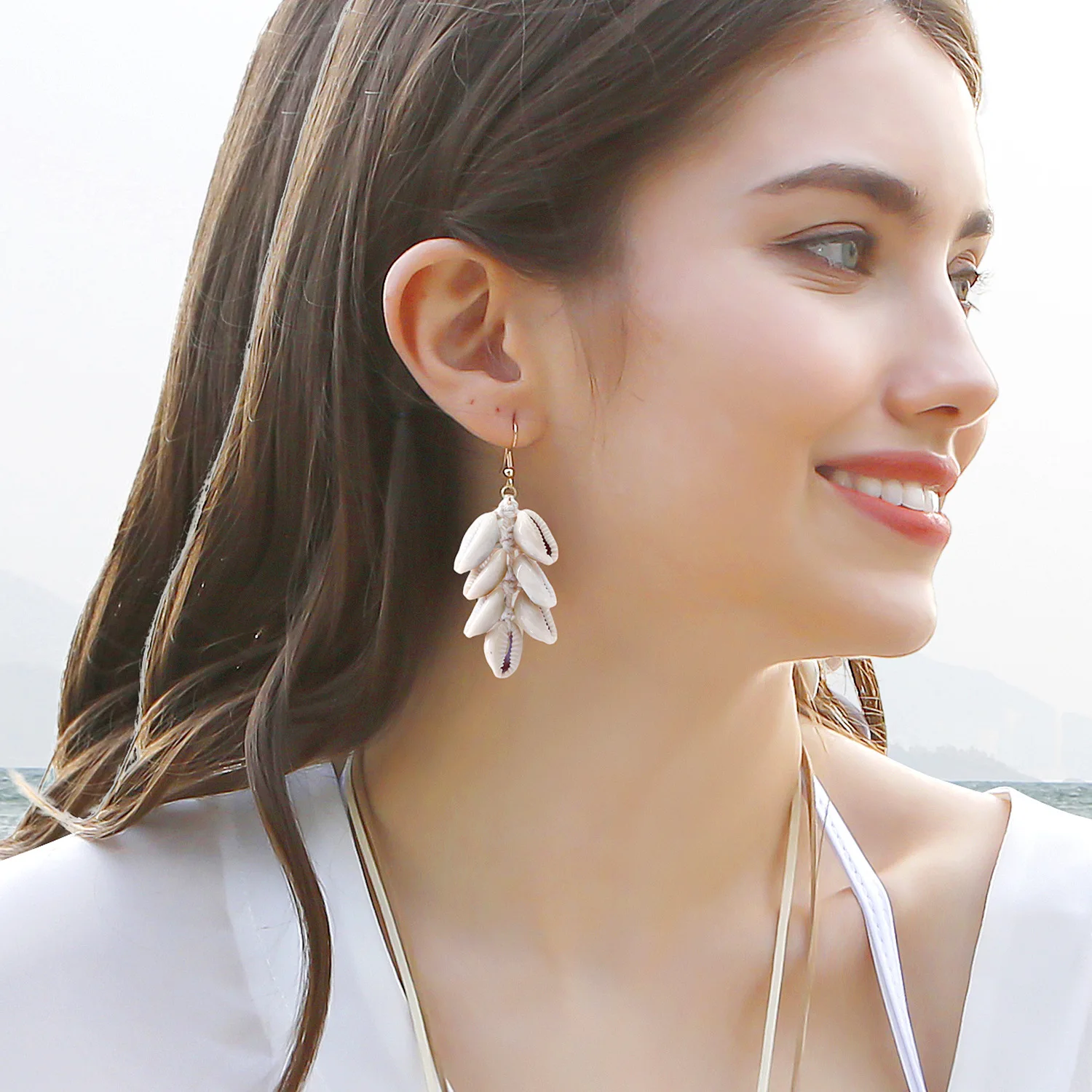women bohemian ocean style holiday jewelry stainless steel earrings hook cotton rope wrapped shell earrings