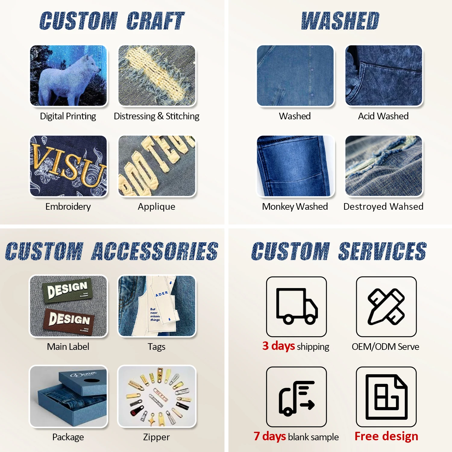 OEM Custom Logo Low Moq Streetwear Light Blue Plain Wide Leg Pants Washed Zip Off Baggy Jeans Men