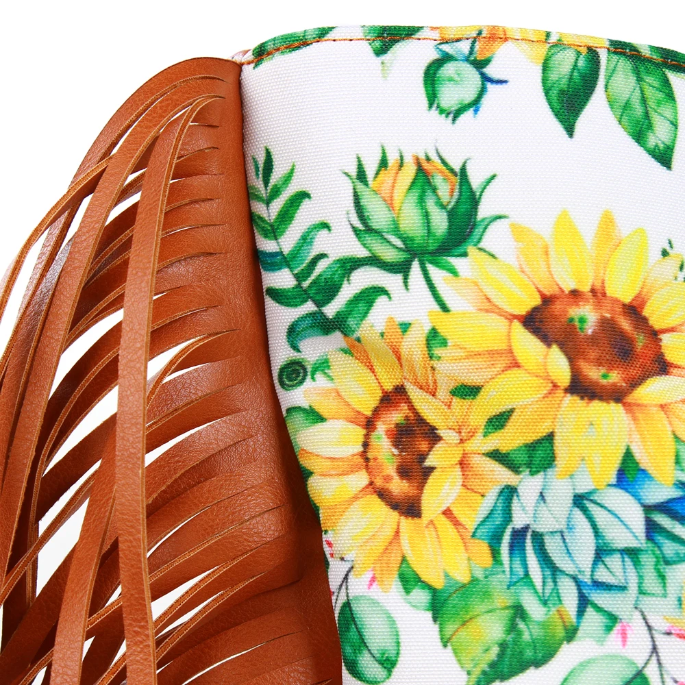 Wholesale luxury designer Hot sale sunflower printing PU women handbags high quality fringe purse wholesale with wristlet
