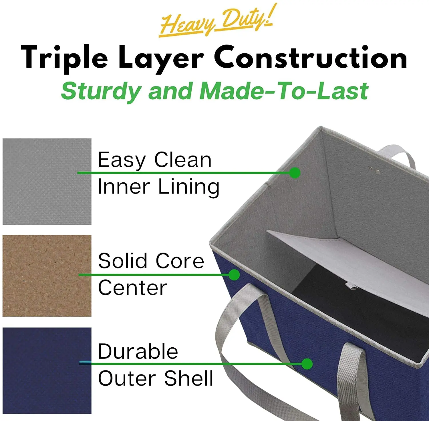 Durable Triple Layer Construction Grocery Tote Bag Shopping Container Picnic Basket with Reinforced Sturdy Long Handle