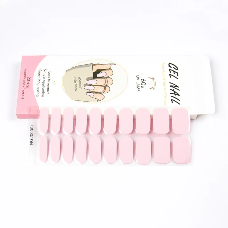 Long lasting Semi Cured Gel Nail Strips 20pcs Pink Gel Nail Art Stickers