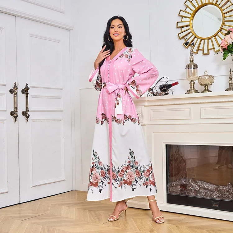 2023 New Satin Print Muslim Kaftan Women Lace Abaya For Prom Arab Fashion Party Dress  Elegant Islam Turkey Muslim Robe