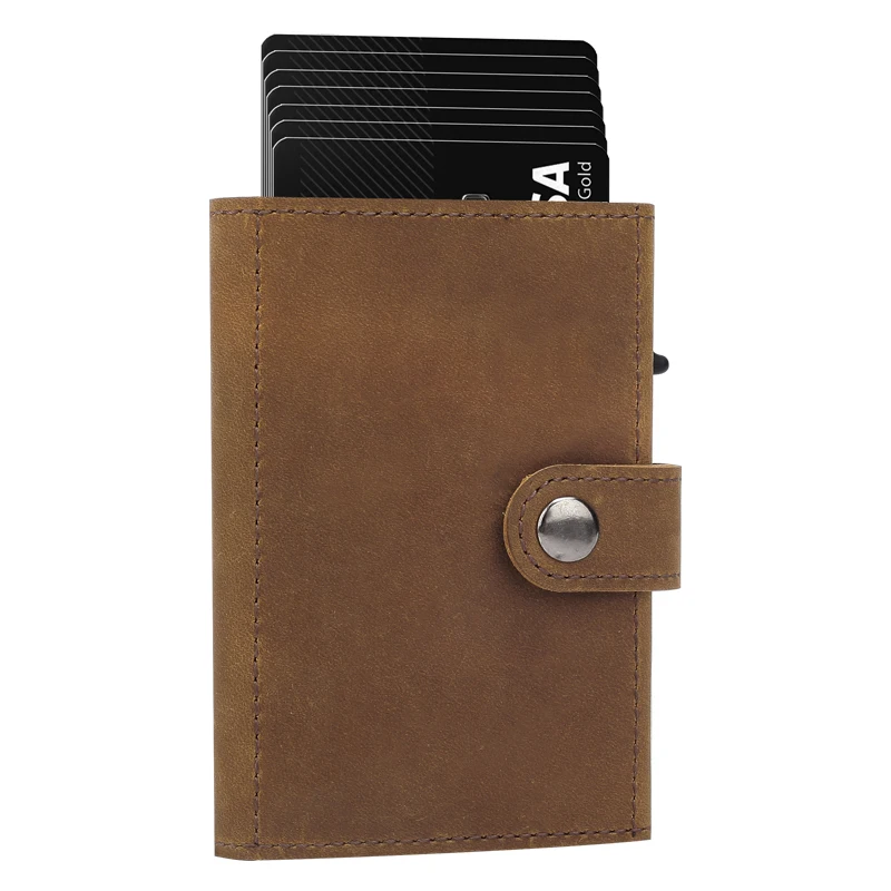 Wholesale Custom Front Pocket Genuine Leather Case Slim Minimalist Rfid Aluminum Metal  Business Credit Card Holder With Airtag