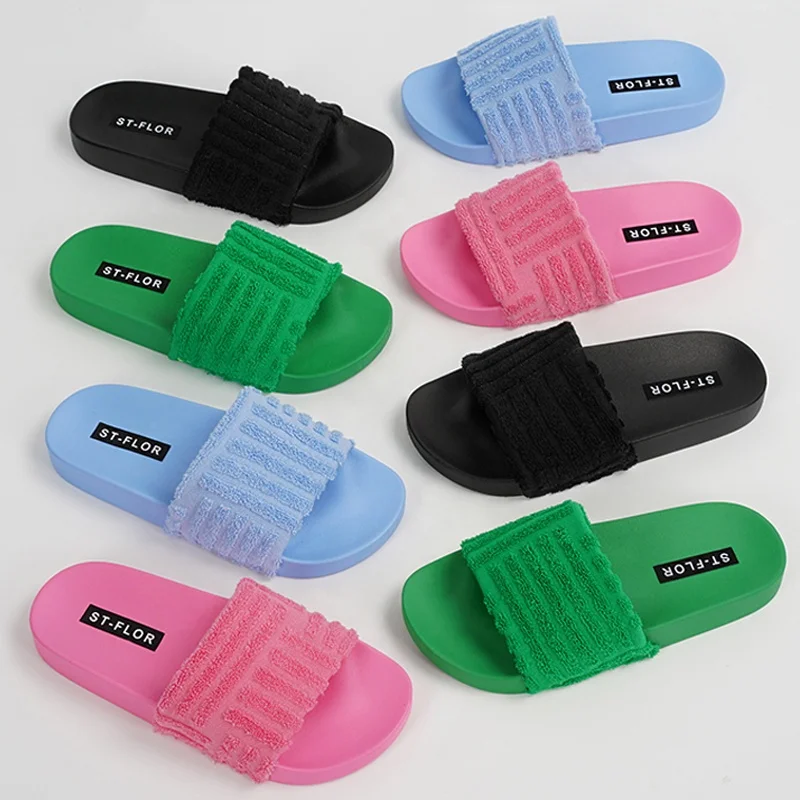 Vendor Price Women Green Towel slippers INS Hot Sale Branded High Class Green Slides For Woman