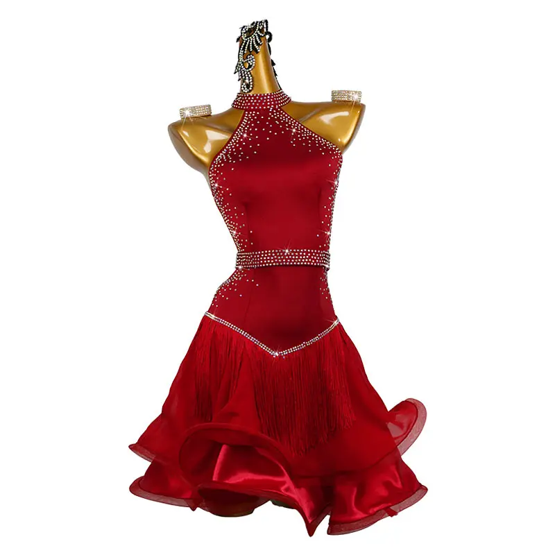 Women Sleeveless Latin Dance Performance Tassels Dress Dance Costume Rhinestone Woman Latin Dress