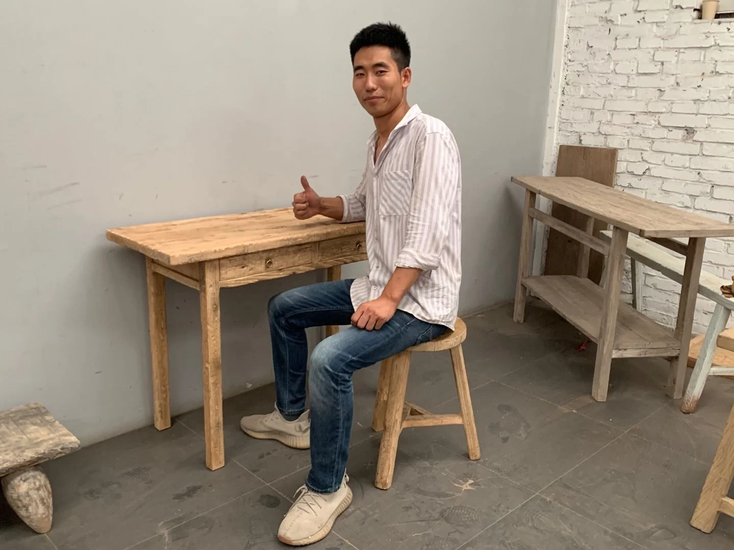 Chinese antique reclaimed elm wood vintage style natural two drawers side table