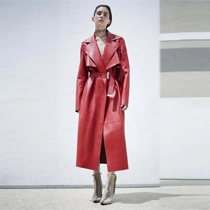 
A4268 Wholesale Red Long Sleeve Belted Winter Synthetic Leather Woman Jacket 