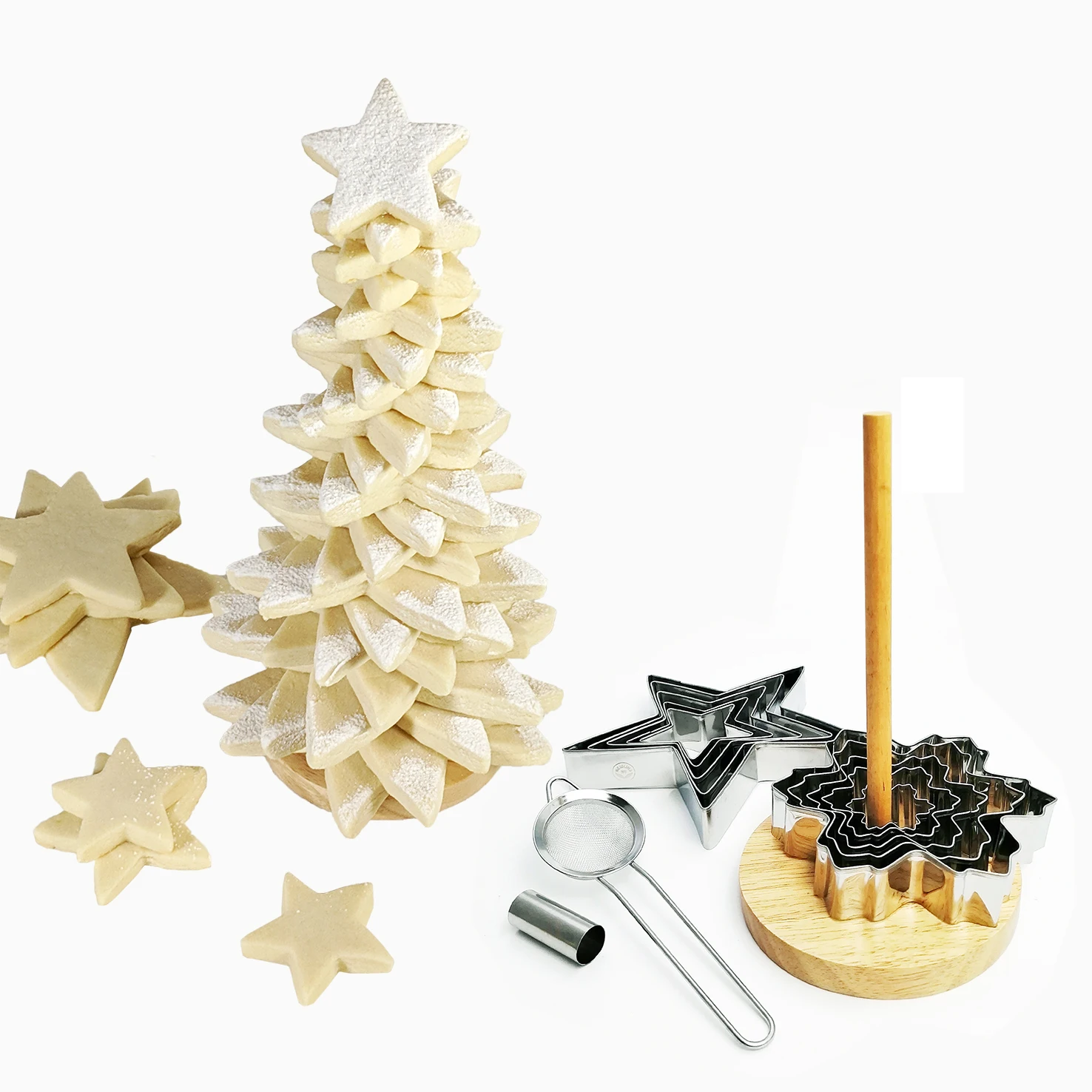 
E-PIN Christmas Wood Holder Stainless Steel Kids Star Cookie Moulds Set Cookie Molds 
