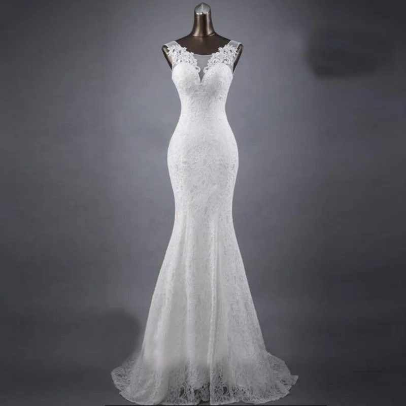New Designs O-Neck Sleeveless Backless White Ivory Mermaid Lace Bride Dress Wedding Gown With Small Train