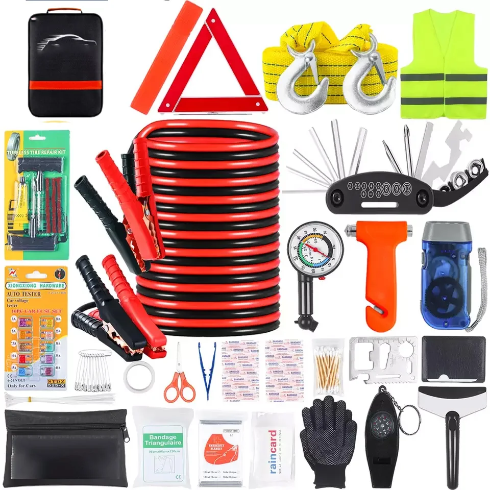 Car Roadside Emergency Safety Tools Kit Set Bag with Jumper Starter First Aid Kit Tow Rope