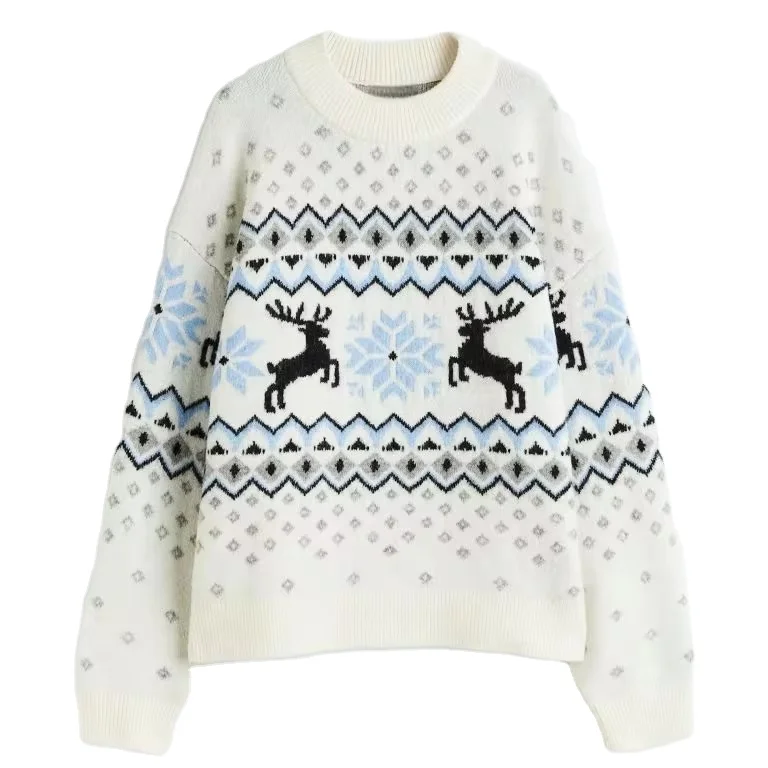 Custom Wholesale OEM/ODM  Jacquard knit Sweater  Round Neck  Long sleeve Cozy Womens Cashmere Sweater