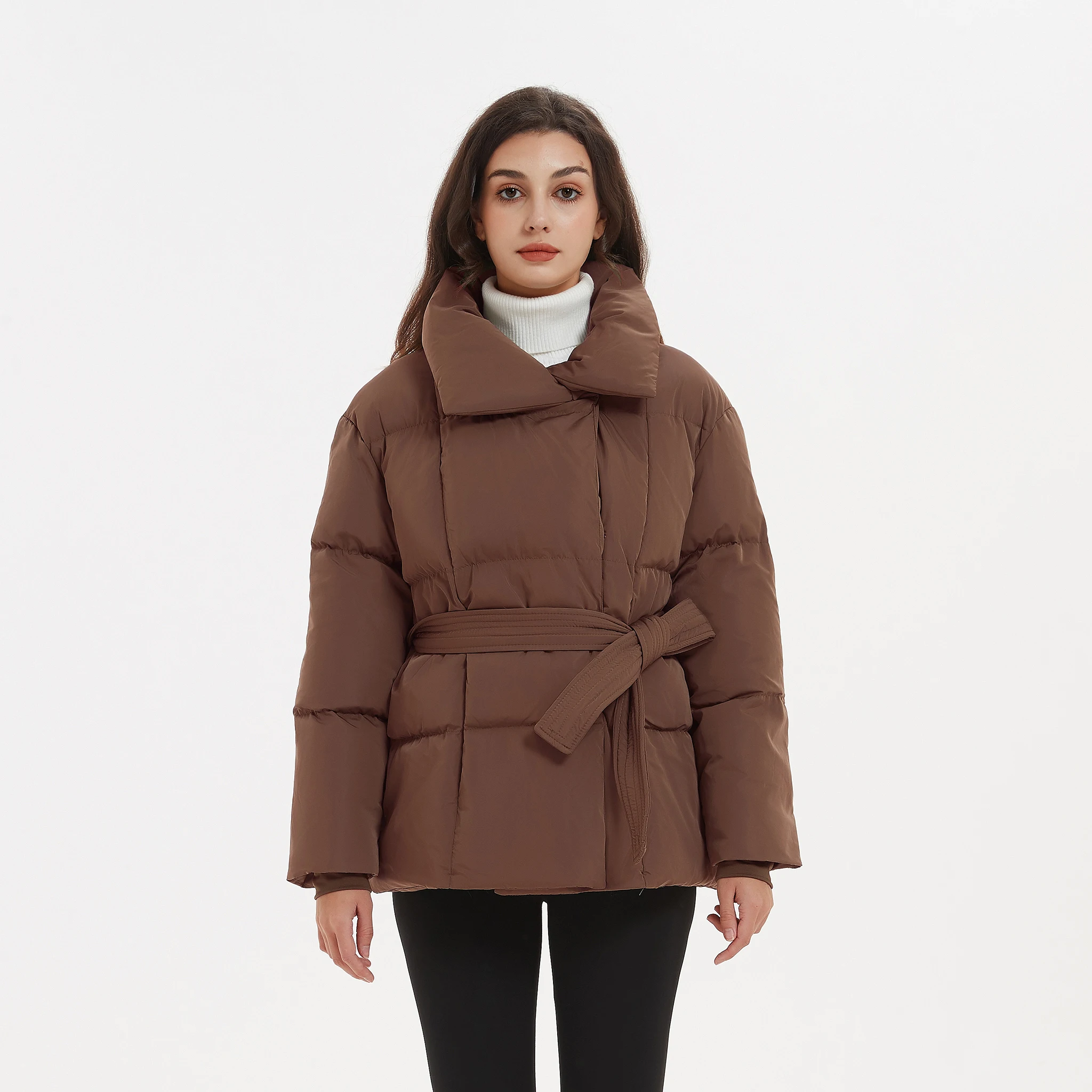 Winter Stand Collar Parkas Women Fashion Tie Waist Short Coats Women Elegant New Solid Puffer Jackets Female Ladies