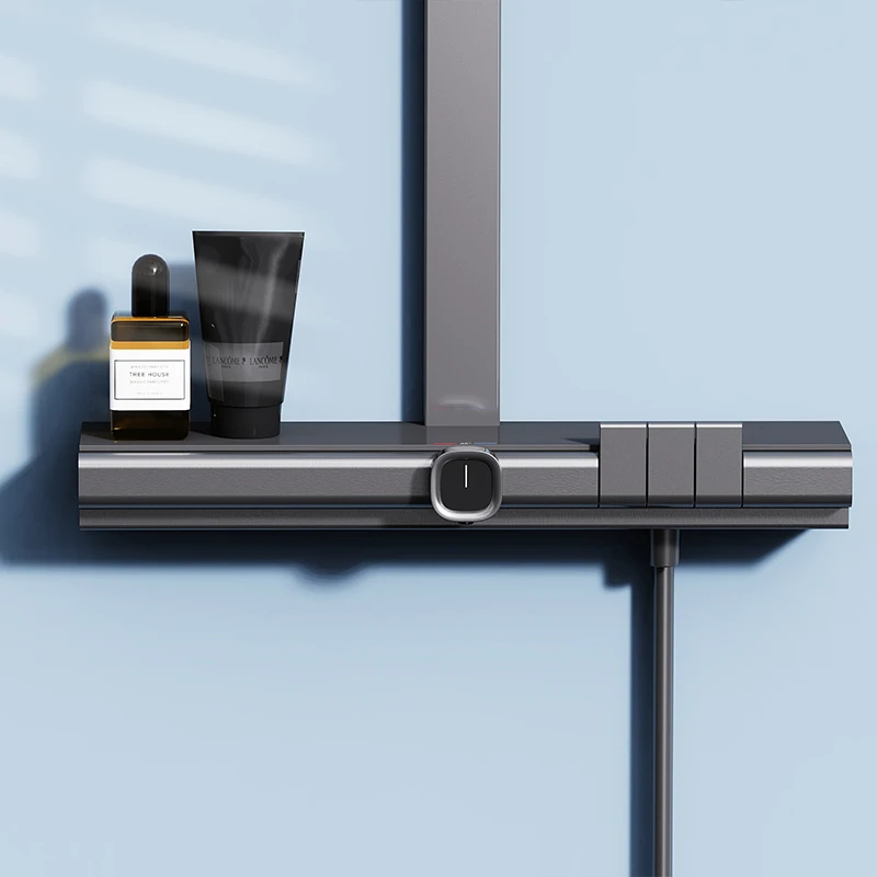 Hot selling Brass thermostatic shower mixer set Gun-grey shelf Rainfall wall mounted with square shower head Shower set