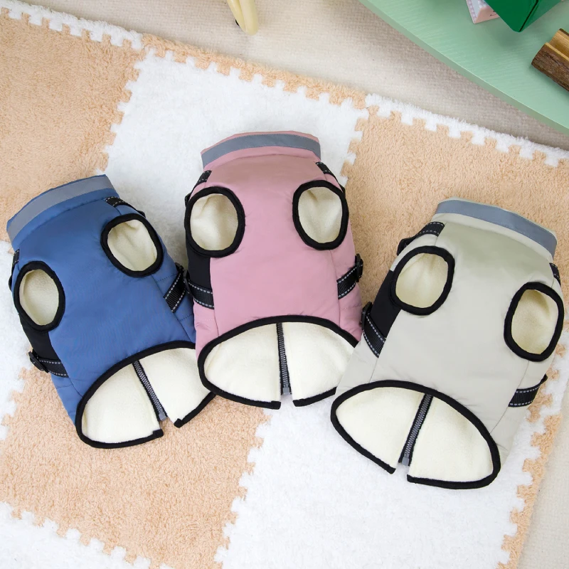 Hot Sale Winter Padded Dog Coat with Reflective Striped Harness Vest Warm Pet Jacket Outdoor Windproof Puppy Clothes